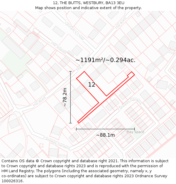 12, THE BUTTS, WESTBURY, BA13 3EU: Plot and title map