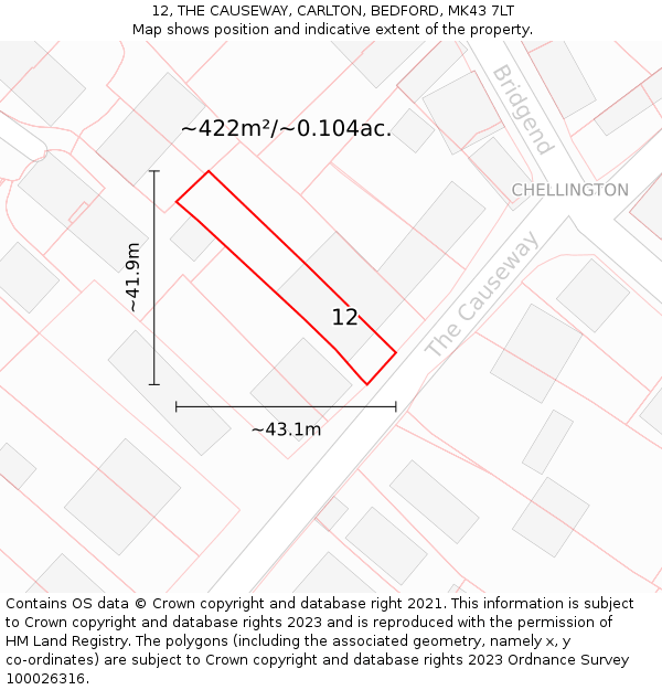 12, THE CAUSEWAY, CARLTON, BEDFORD, MK43 7LT: Plot and title map