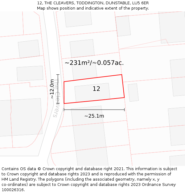 12, THE CLEAVERS, TODDINGTON, DUNSTABLE, LU5 6ER: Plot and title map