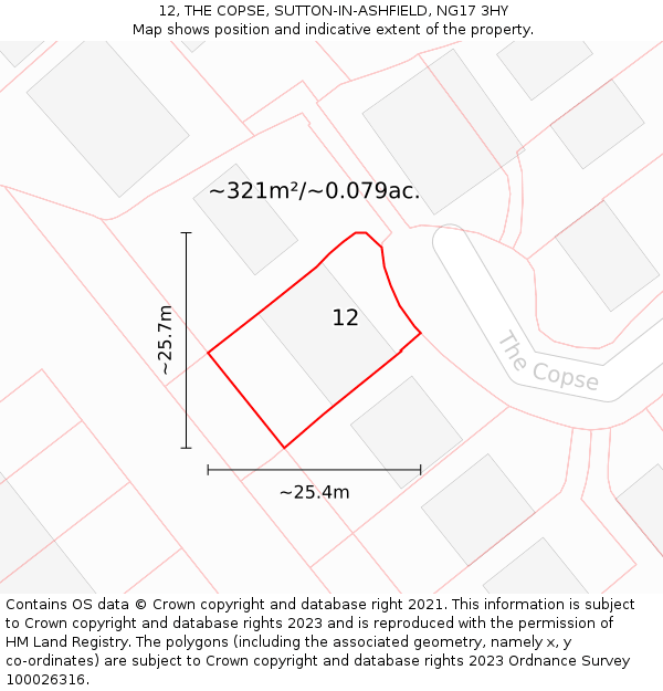 12, THE COPSE, SUTTON-IN-ASHFIELD, NG17 3HY: Plot and title map