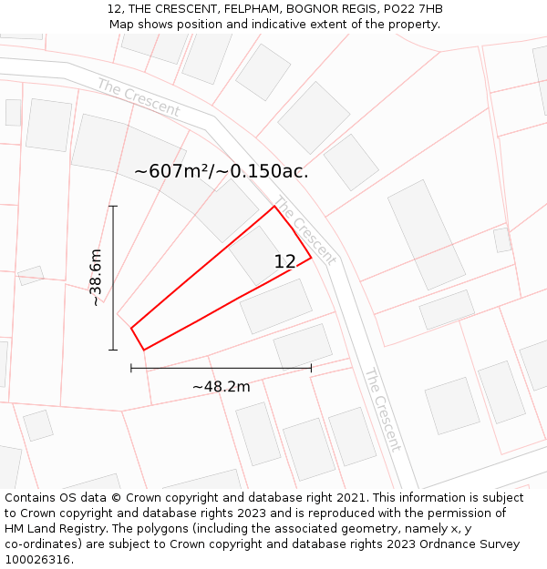 12, THE CRESCENT, FELPHAM, BOGNOR REGIS, PO22 7HB: Plot and title map