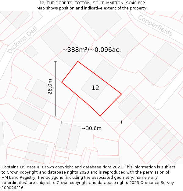 12, THE DORRITS, TOTTON, SOUTHAMPTON, SO40 8FP: Plot and title map