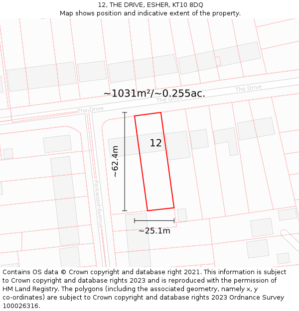 12, THE DRIVE, ESHER, KT10 8DQ: Plot and title map