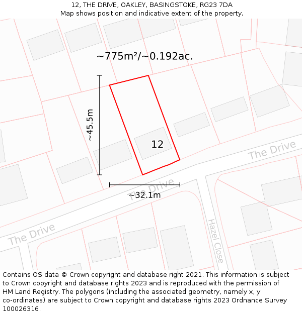 12, THE DRIVE, OAKLEY, BASINGSTOKE, RG23 7DA: Plot and title map