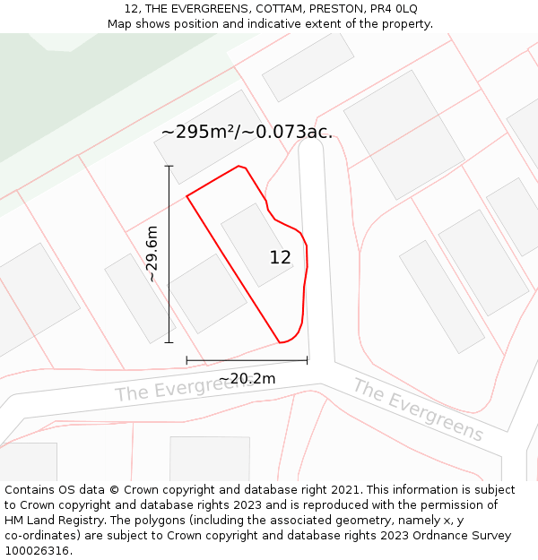 12, THE EVERGREENS, COTTAM, PRESTON, PR4 0LQ: Plot and title map