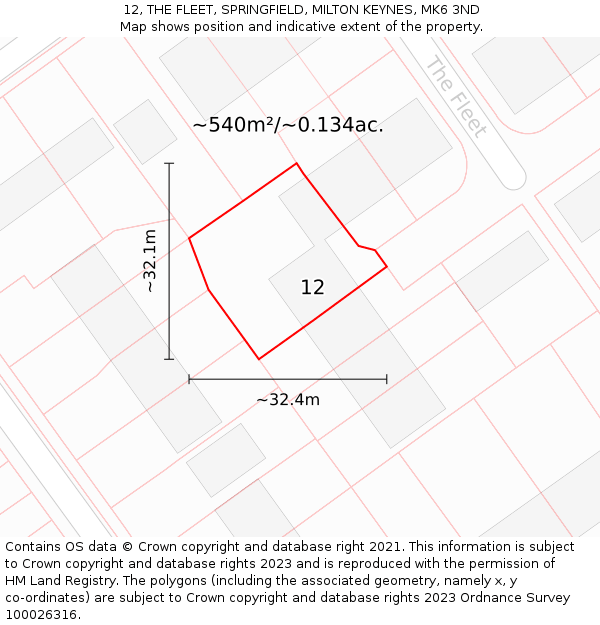 12, THE FLEET, SPRINGFIELD, MILTON KEYNES, MK6 3ND: Plot and title map