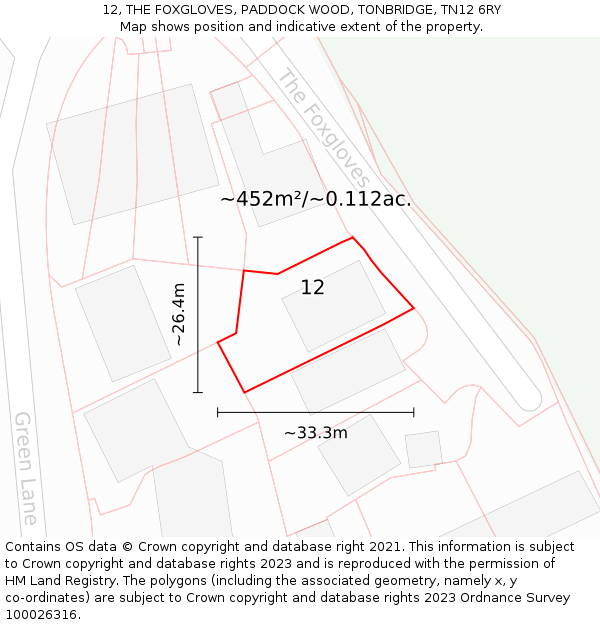 12, THE FOXGLOVES, PADDOCK WOOD, TONBRIDGE, TN12 6RY: Plot and title map