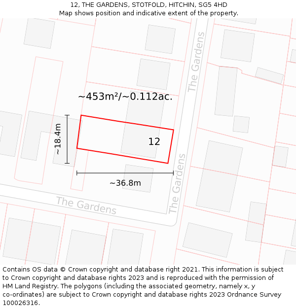 12, THE GARDENS, STOTFOLD, HITCHIN, SG5 4HD: Plot and title map