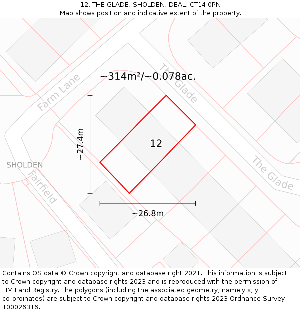 12, THE GLADE, SHOLDEN, DEAL, CT14 0PN: Plot and title map