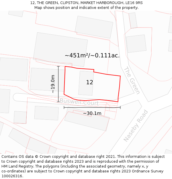 12, THE GREEN, CLIPSTON, MARKET HARBOROUGH, LE16 9RS: Plot and title map