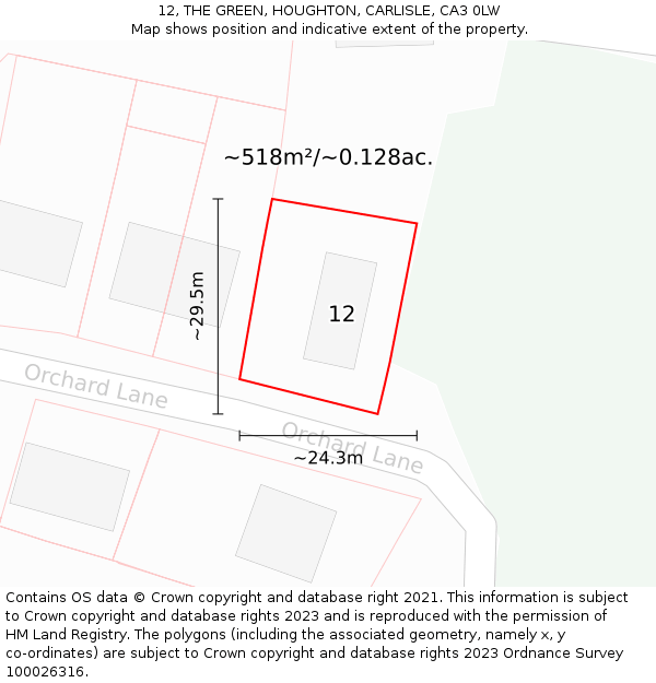 12, THE GREEN, HOUGHTON, CARLISLE, CA3 0LW: Plot and title map