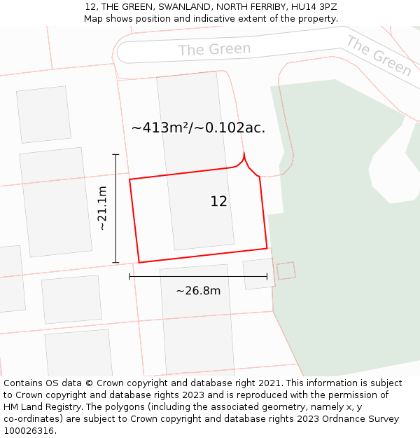 12, THE GREEN, SWANLAND, NORTH FERRIBY, HU14 3PZ: Plot and title map