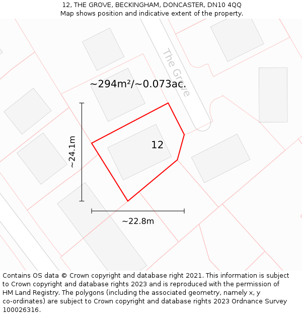 12, THE GROVE, BECKINGHAM, DONCASTER, DN10 4QQ: Plot and title map