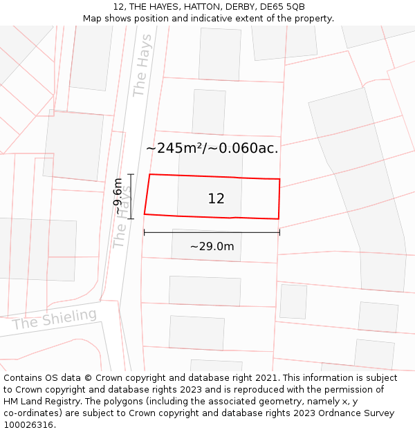 12, THE HAYES, HATTON, DERBY, DE65 5QB: Plot and title map