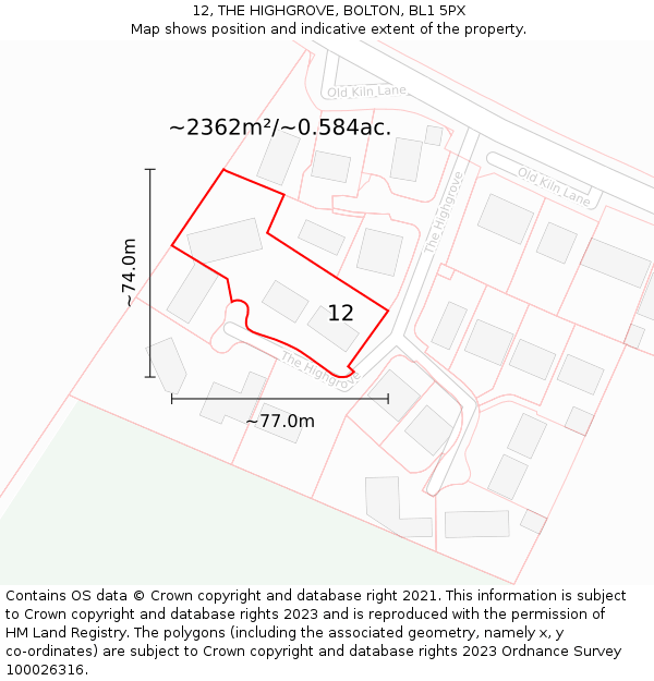 12, THE HIGHGROVE, BOLTON, BL1 5PX: Plot and title map