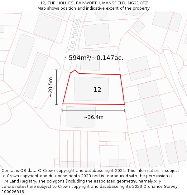 12, THE HOLLIES, RAINWORTH, MANSFIELD, NG21 0FZ: Plot and title map