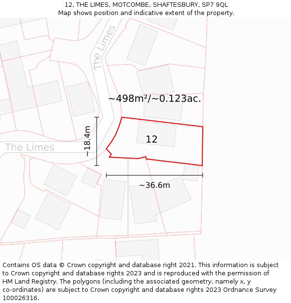 12, THE LIMES, MOTCOMBE, SHAFTESBURY, SP7 9QL: Plot and title map