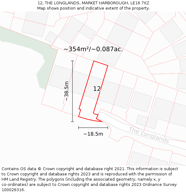 12, THE LONGLANDS, MARKET HARBOROUGH, LE16 7XZ: Plot and title map