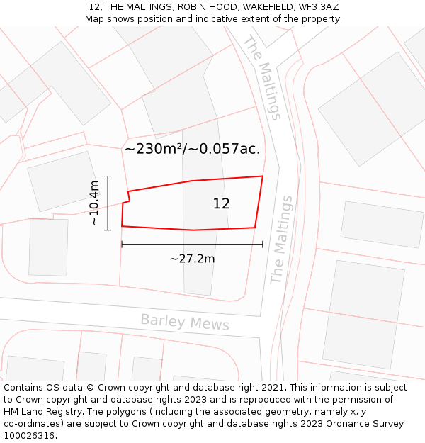 12, THE MALTINGS, ROBIN HOOD, WAKEFIELD, WF3 3AZ: Plot and title map