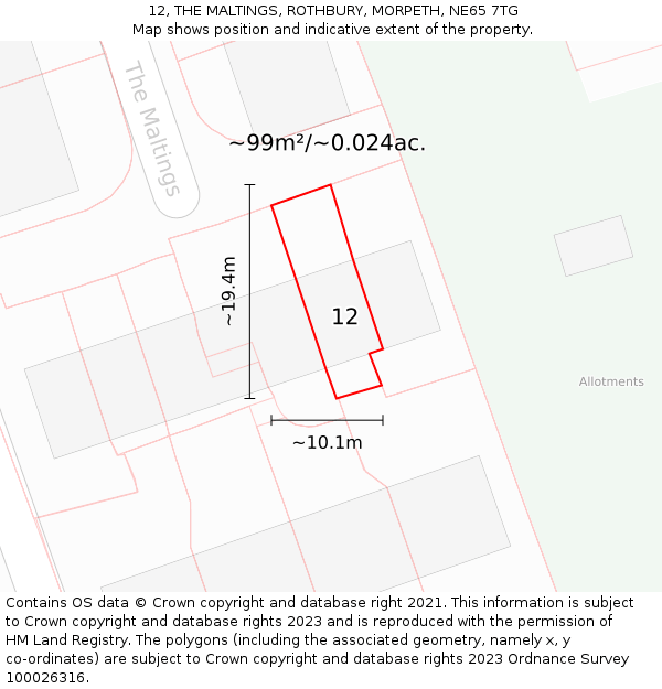 12, THE MALTINGS, ROTHBURY, MORPETH, NE65 7TG: Plot and title map