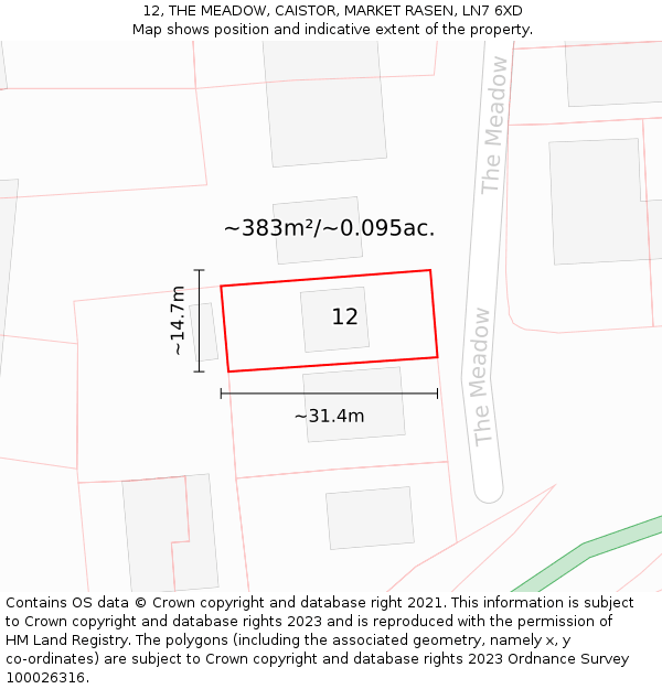 12, THE MEADOW, CAISTOR, MARKET RASEN, LN7 6XD: Plot and title map