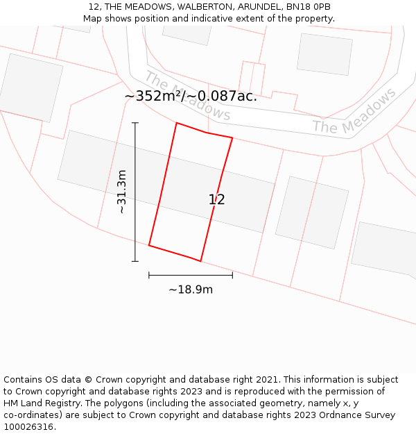 12, THE MEADOWS, WALBERTON, ARUNDEL, BN18 0PB: Plot and title map