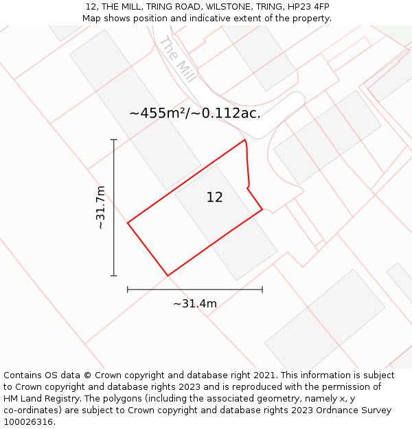 12, THE MILL, TRING ROAD, WILSTONE, TRING, HP23 4FP: Plot and title map