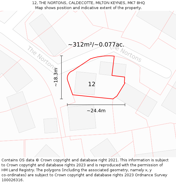 12, THE NORTONS, CALDECOTTE, MILTON KEYNES, MK7 8HQ: Plot and title map