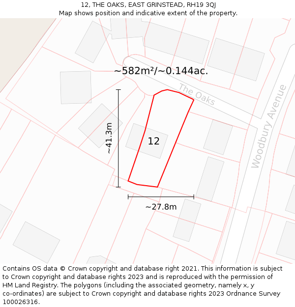 12, THE OAKS, EAST GRINSTEAD, RH19 3QJ: Plot and title map