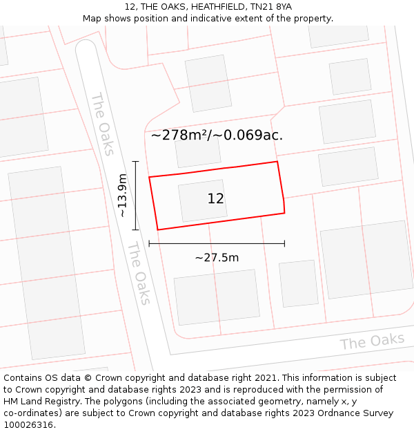 12, THE OAKS, HEATHFIELD, TN21 8YA: Plot and title map