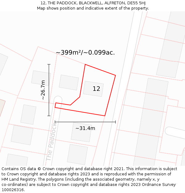 12, THE PADDOCK, BLACKWELL, ALFRETON, DE55 5HJ: Plot and title map