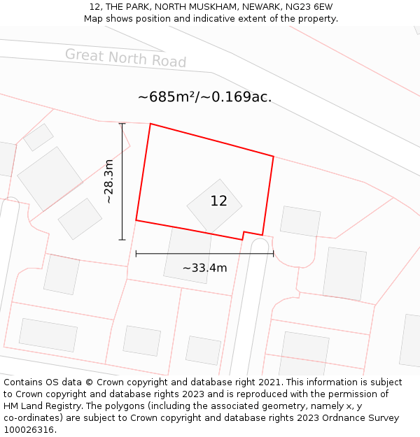 12, THE PARK, NORTH MUSKHAM, NEWARK, NG23 6EW: Plot and title map