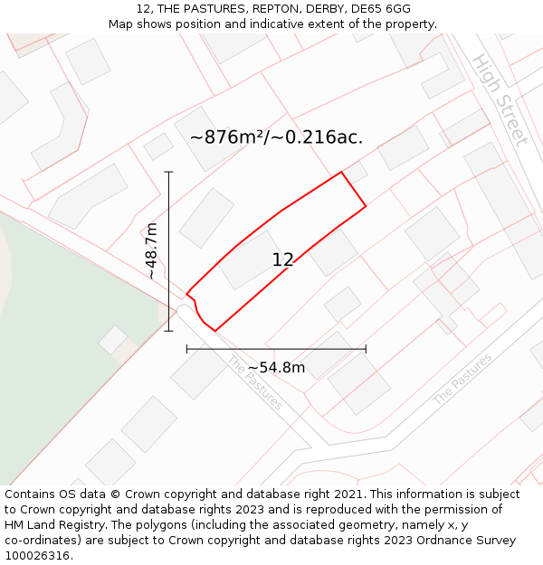 12, THE PASTURES, REPTON, DERBY, DE65 6GG: Plot and title map