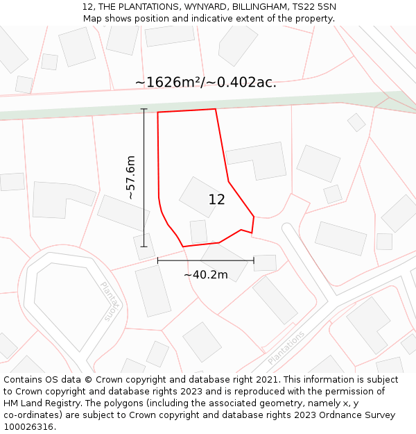 12, THE PLANTATIONS, WYNYARD, BILLINGHAM, TS22 5SN: Plot and title map