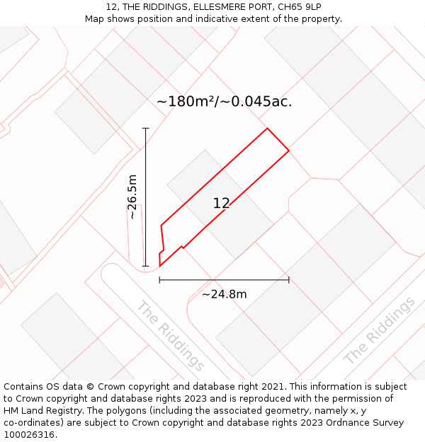 12, THE RIDDINGS, ELLESMERE PORT, CH65 9LP: Plot and title map