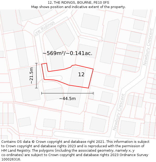 12, THE RIDINGS, BOURNE, PE10 0FS: Plot and title map