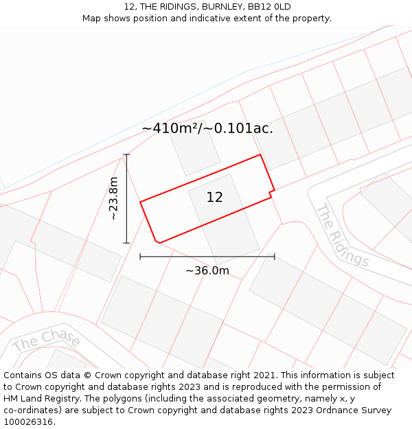 12, THE RIDINGS, BURNLEY, BB12 0LD: Plot and title map