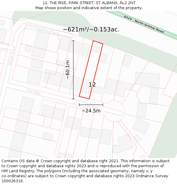 12, THE RISE, PARK STREET, ST ALBANS, AL2 2NT: Plot and title map