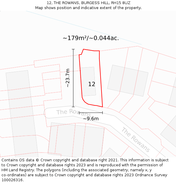 12, THE ROWANS, BURGESS HILL, RH15 8UZ: Plot and title map