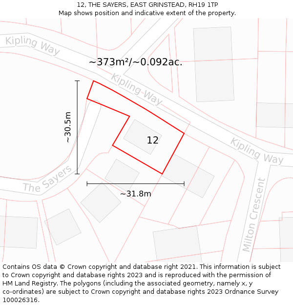 12, THE SAYERS, EAST GRINSTEAD, RH19 1TP: Plot and title map