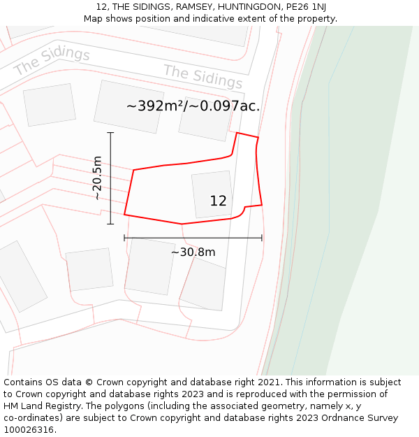 12, THE SIDINGS, RAMSEY, HUNTINGDON, PE26 1NJ: Plot and title map