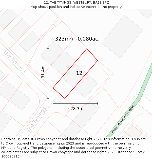 12, THE TYNINGS, WESTBURY, BA13 3PZ: Plot and title map