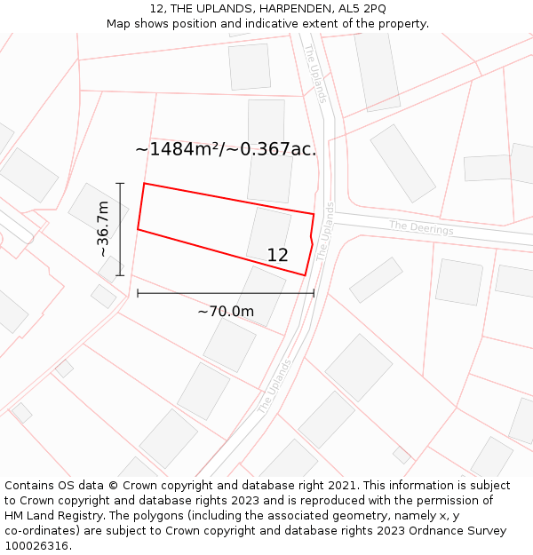 12, THE UPLANDS, HARPENDEN, AL5 2PQ: Plot and title map