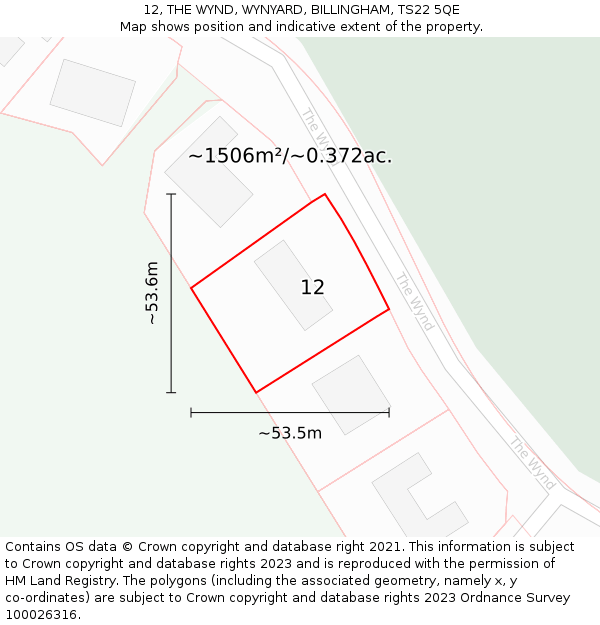 12, THE WYND, WYNYARD, BILLINGHAM, TS22 5QE: Plot and title map