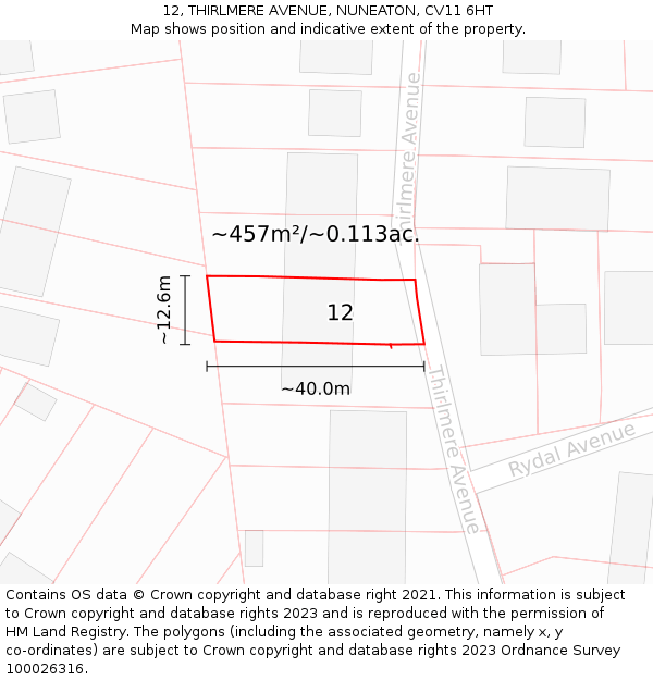 12, THIRLMERE AVENUE, NUNEATON, CV11 6HT: Plot and title map