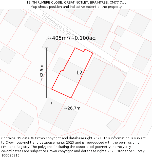 12, THIRLMERE CLOSE, GREAT NOTLEY, BRAINTREE, CM77 7UL: Plot and title map