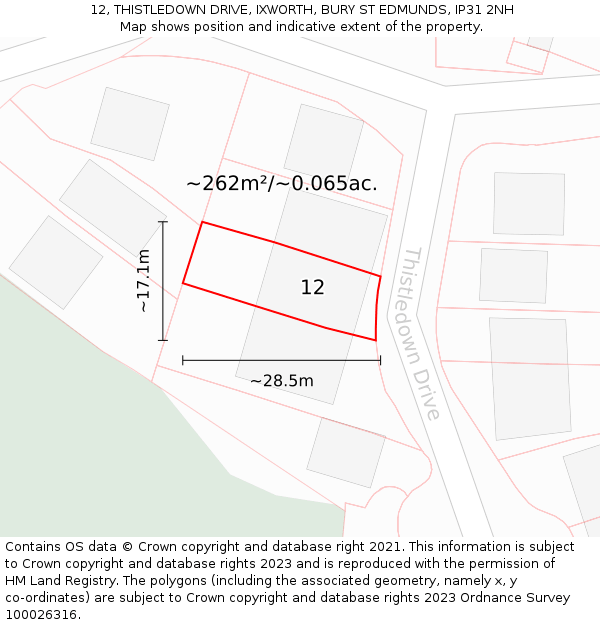 12, THISTLEDOWN DRIVE, IXWORTH, BURY ST EDMUNDS, IP31 2NH: Plot and title map