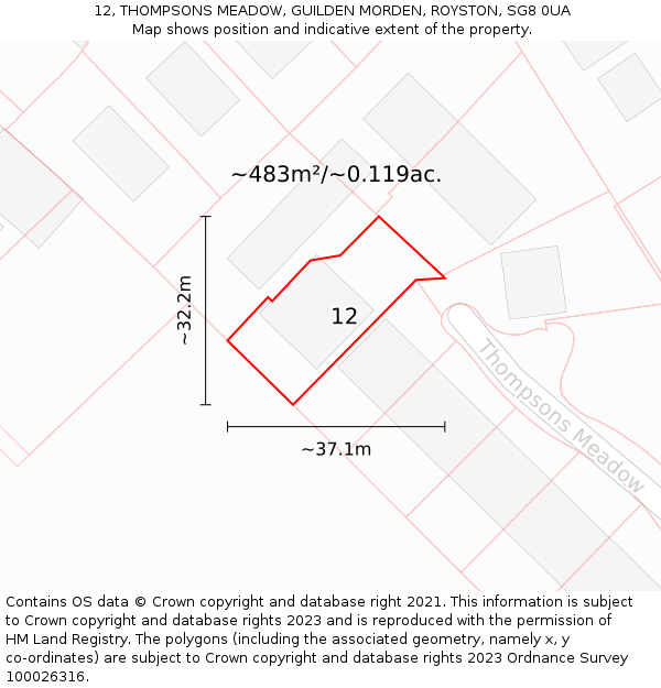 12, THOMPSONS MEADOW, GUILDEN MORDEN, ROYSTON, SG8 0UA: Plot and title map