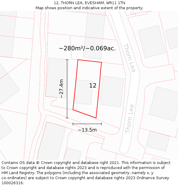 12, THORN LEA, EVESHAM, WR11 1TN: Plot and title map