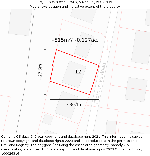 12, THORNGROVE ROAD, MALVERN, WR14 3BX: Plot and title map